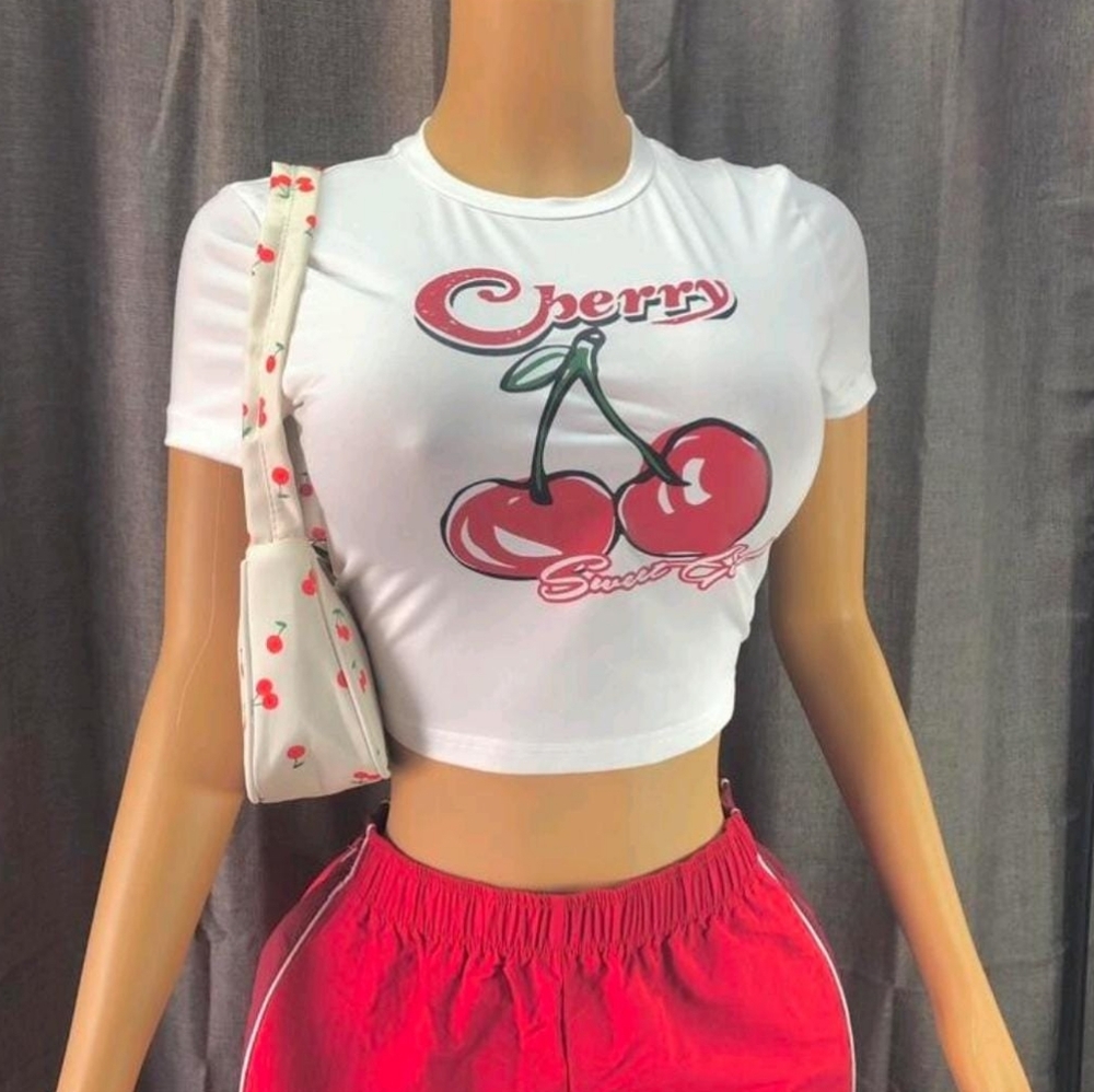 SHEIN Cherry Graphic White Crop Top